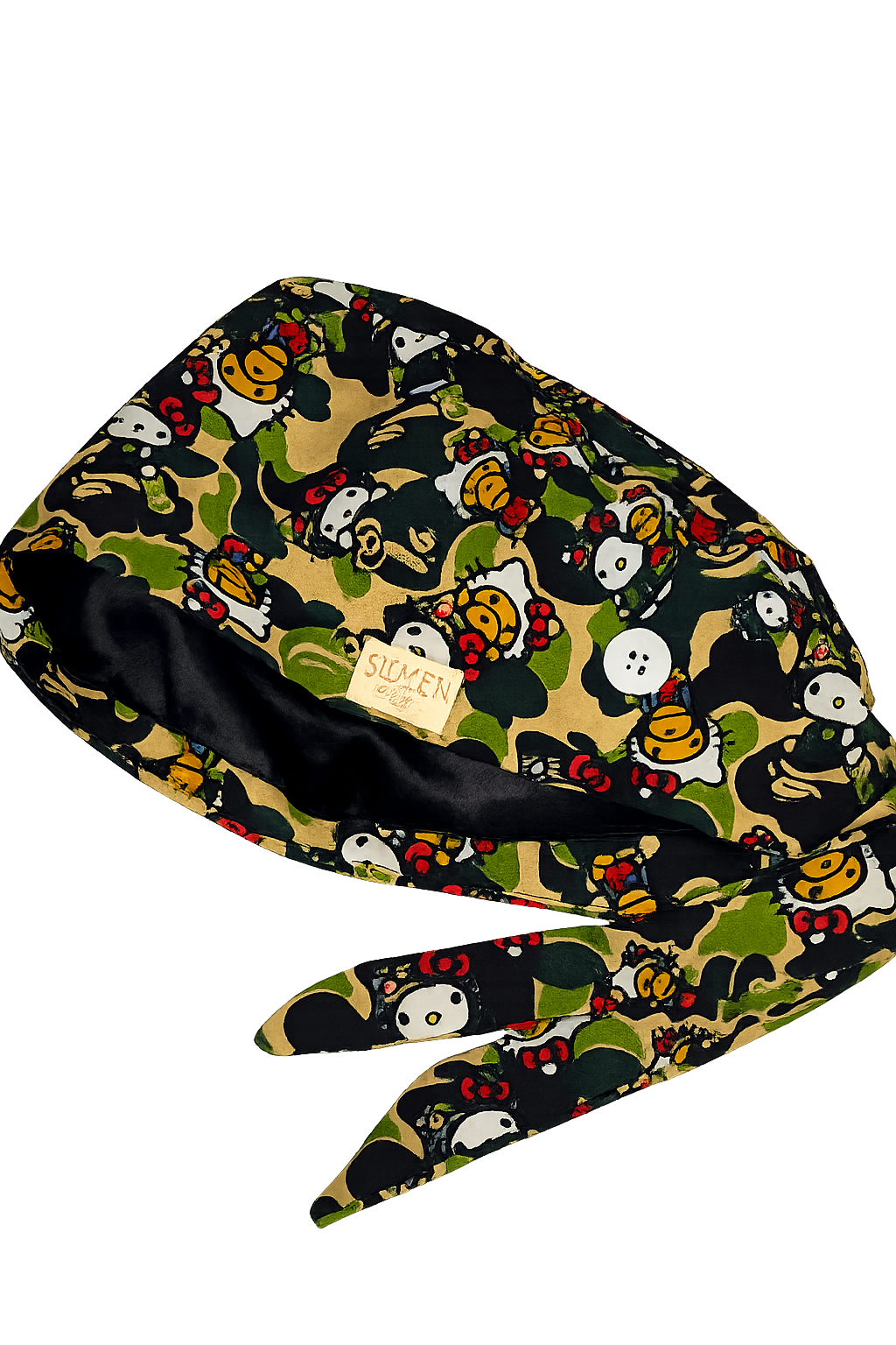Hello Kitty x Camo Scrub Cap – Satin-Lined Tie-Back with Button Loop