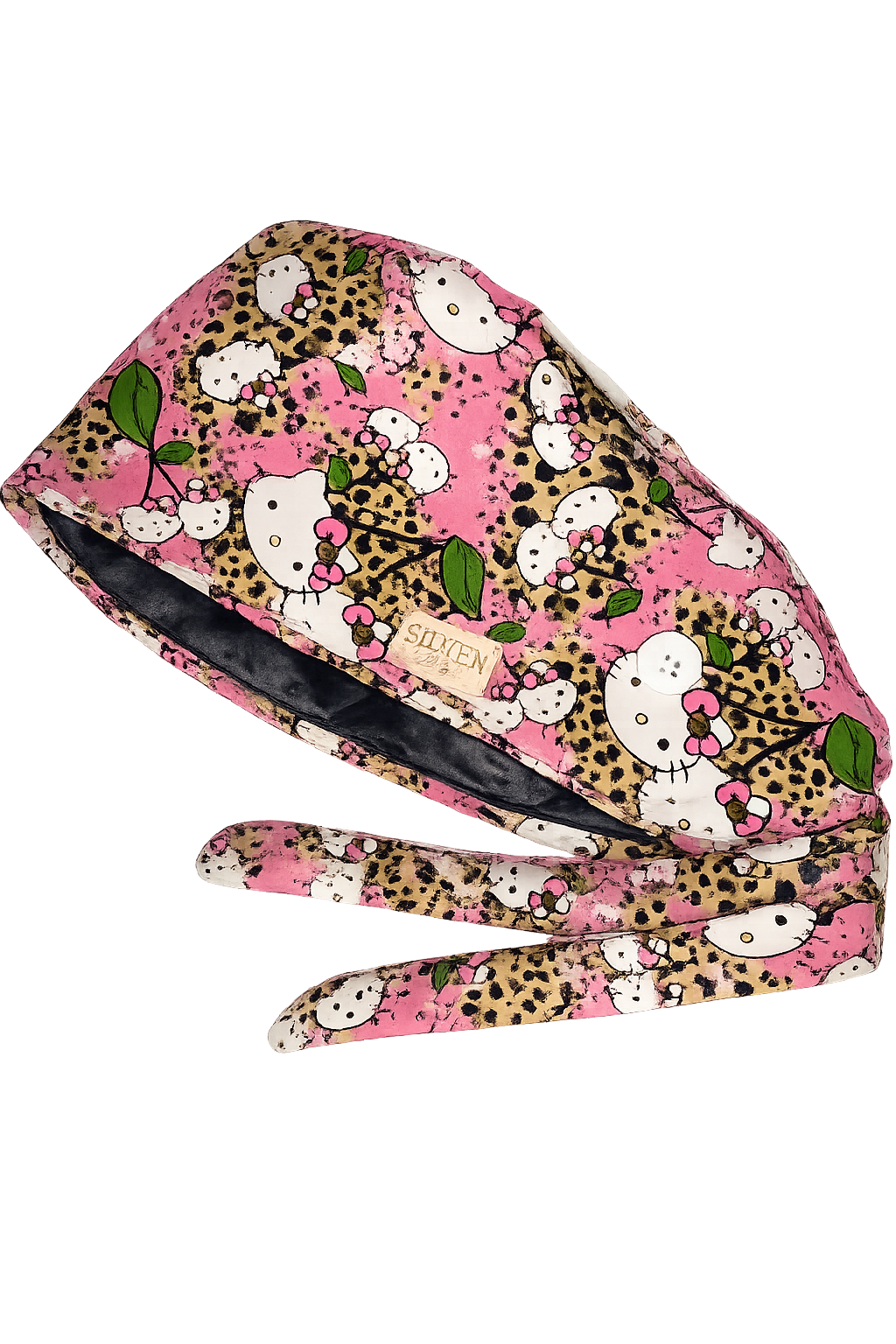 Kitty Cheetah Print Scrub Cap – Satin-Lined Tie-Back with Button Loop