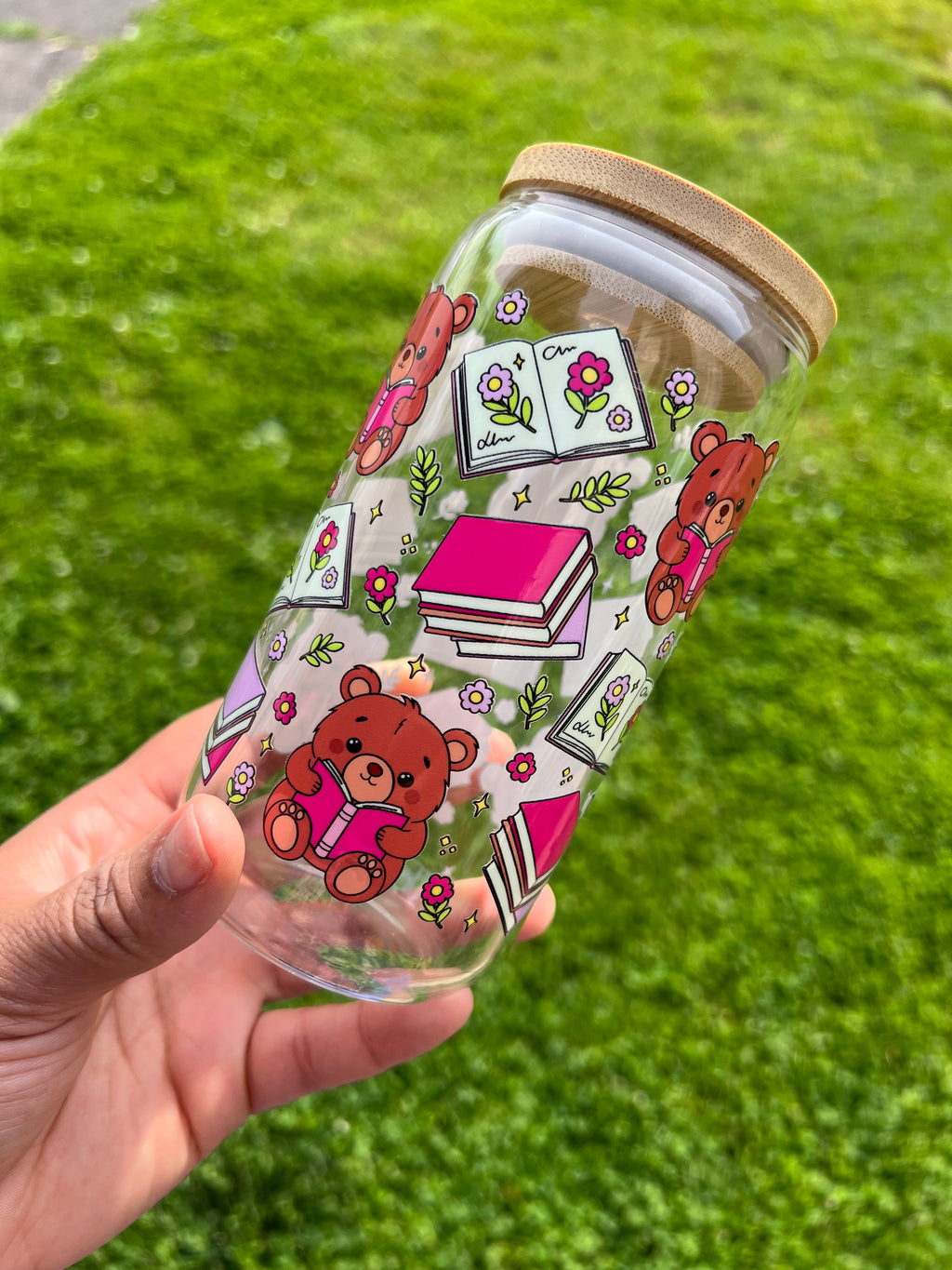 Bookish Bear Glass Can Cup with Bamboo Lid