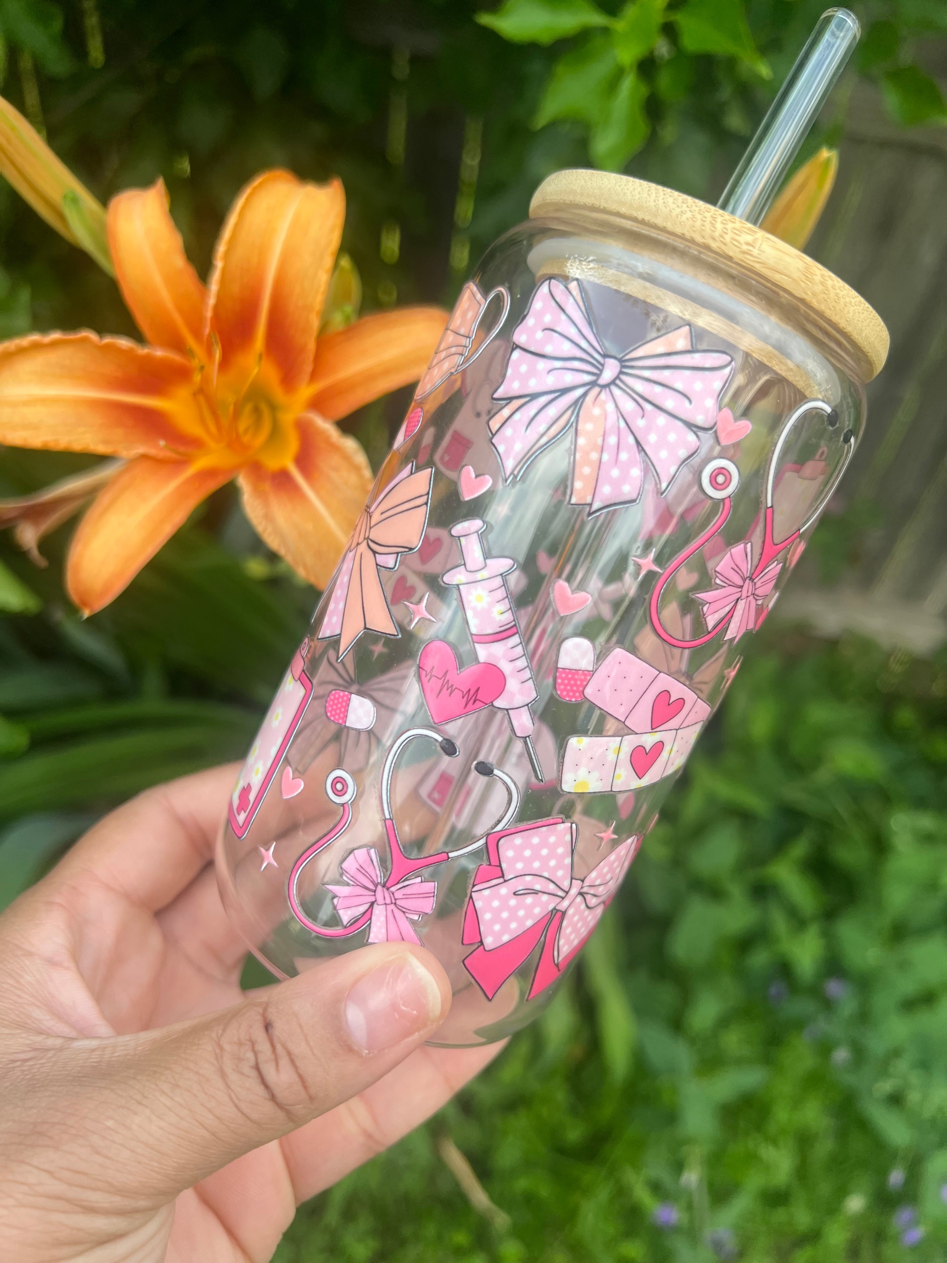 Coquette Nurse Glass Can Cup with Bamboo Lid & Glass Straw