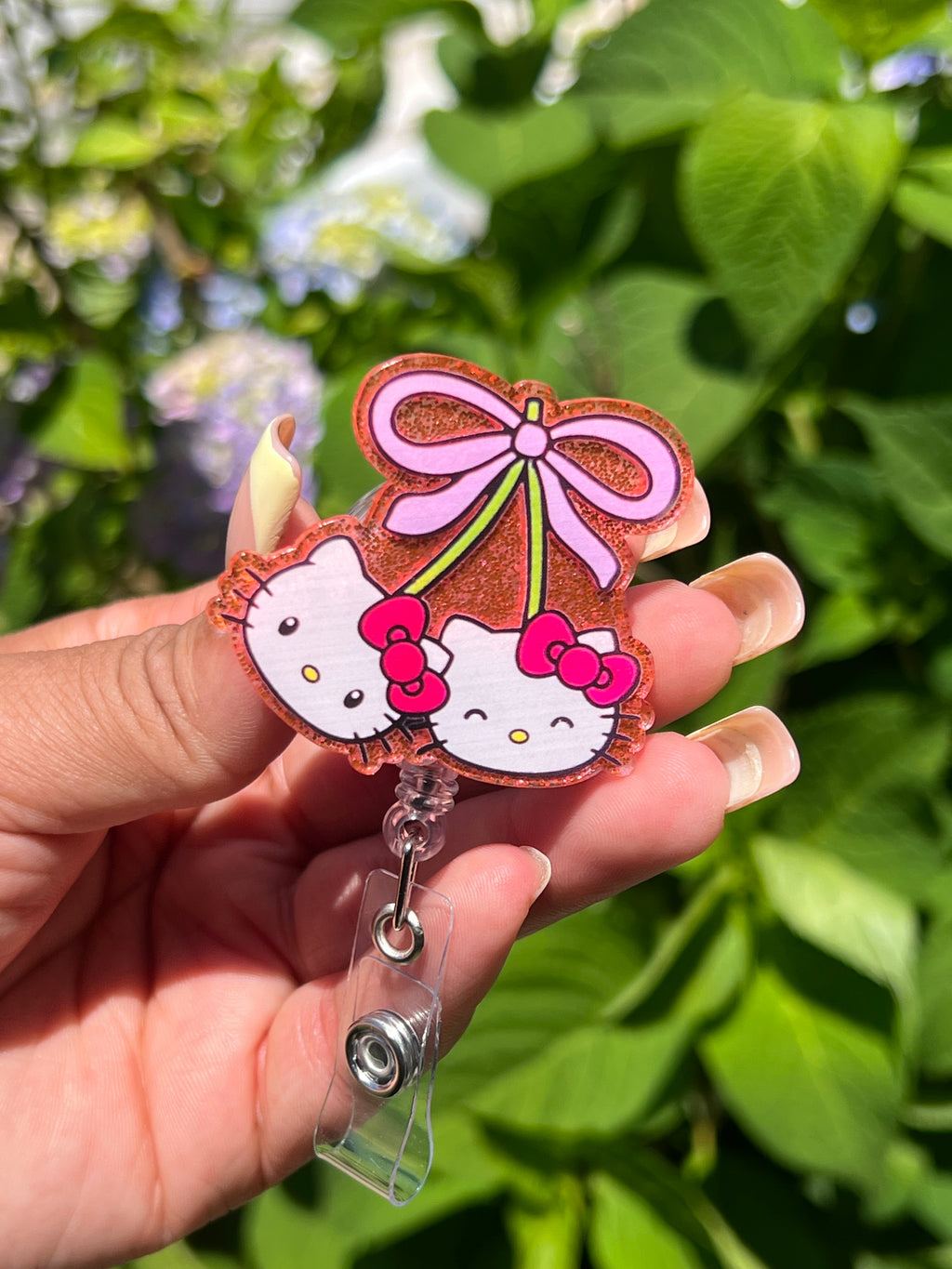 Kitty Cherry Bow Retractable Badge Reel | Glitter Acrylic