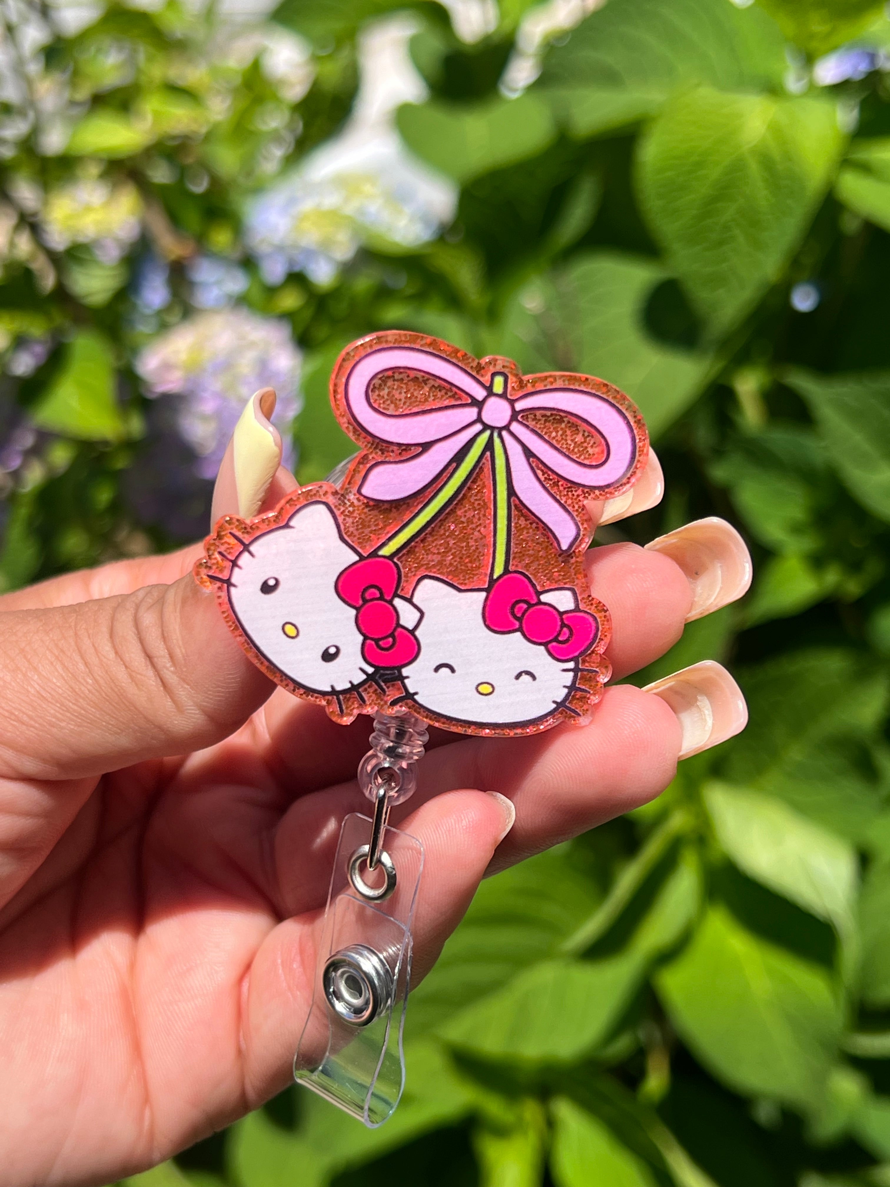 Kitty Cherry Bow Retractable Badge Reel | Glitter Acrylic