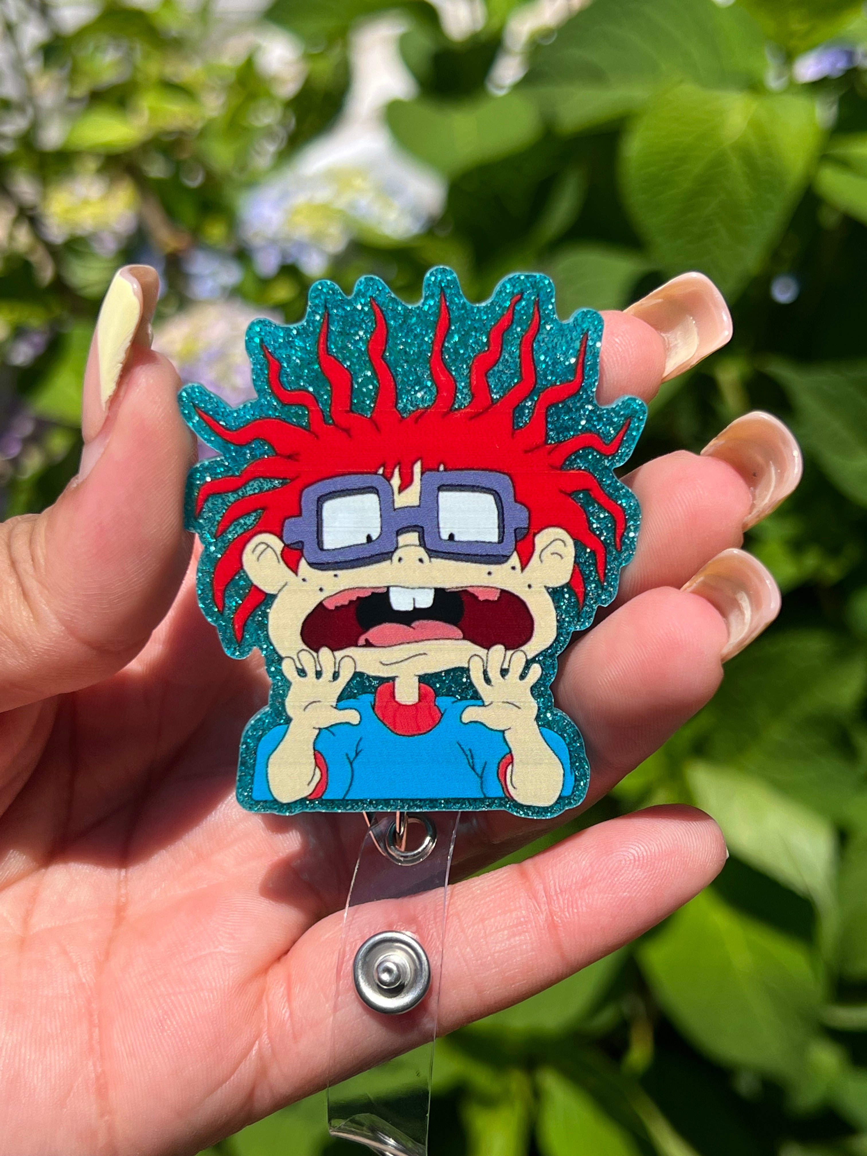 Scared Face Retractable Badge Reel | Glitter Acrylic
