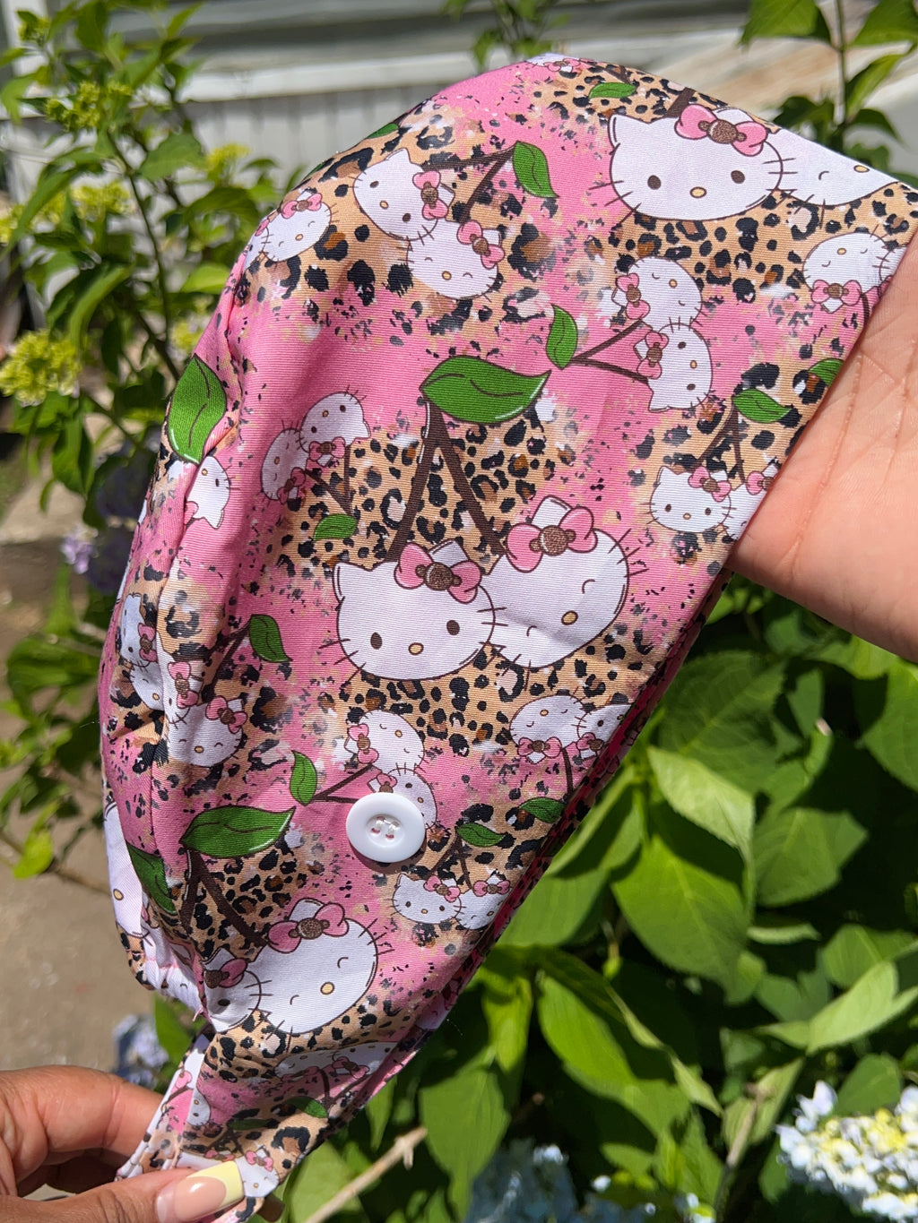 Kitty Cheetah Print Scrub Cap – Satin-Lined Tie-Back with Button Loop