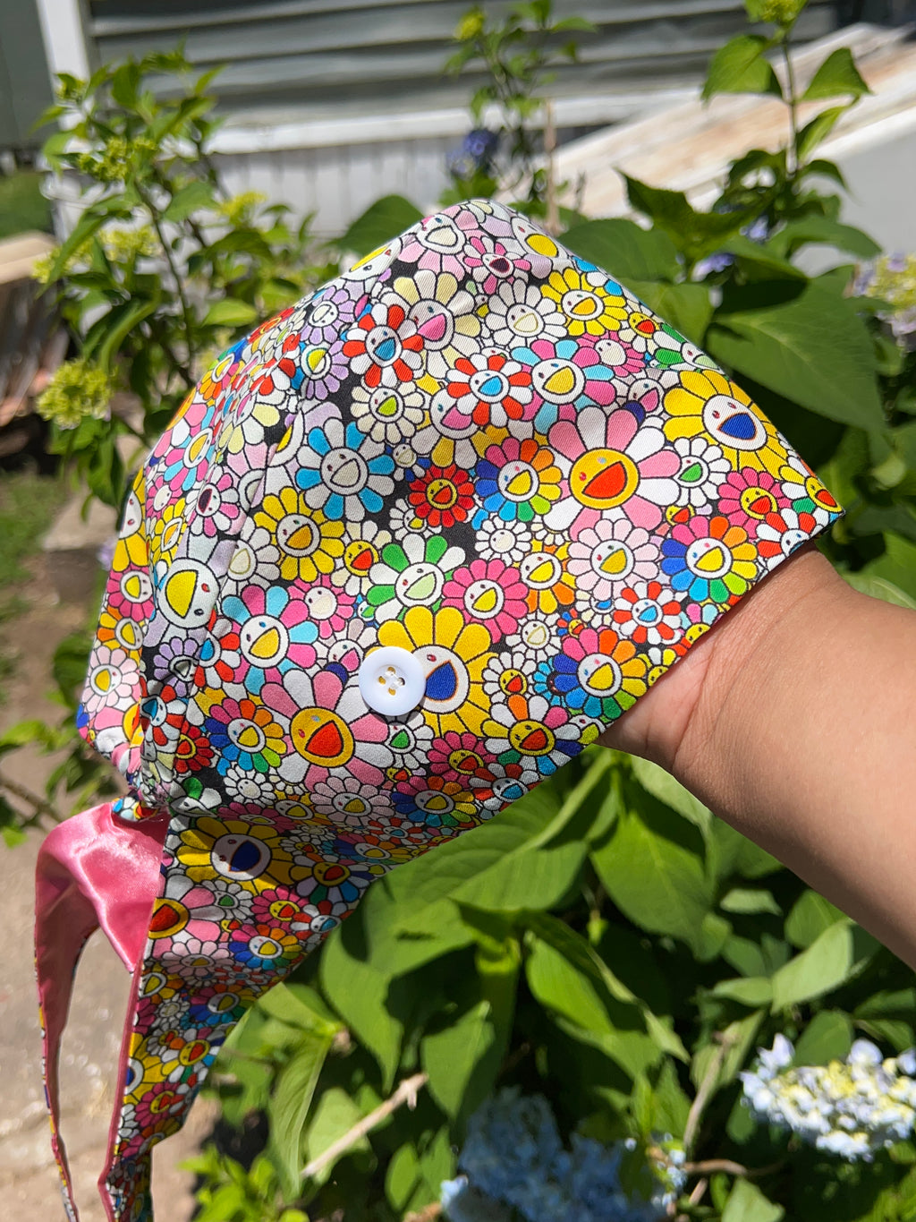 Smiley Flower Scrub Cap | Colorful Floral Print with Button & Tie
