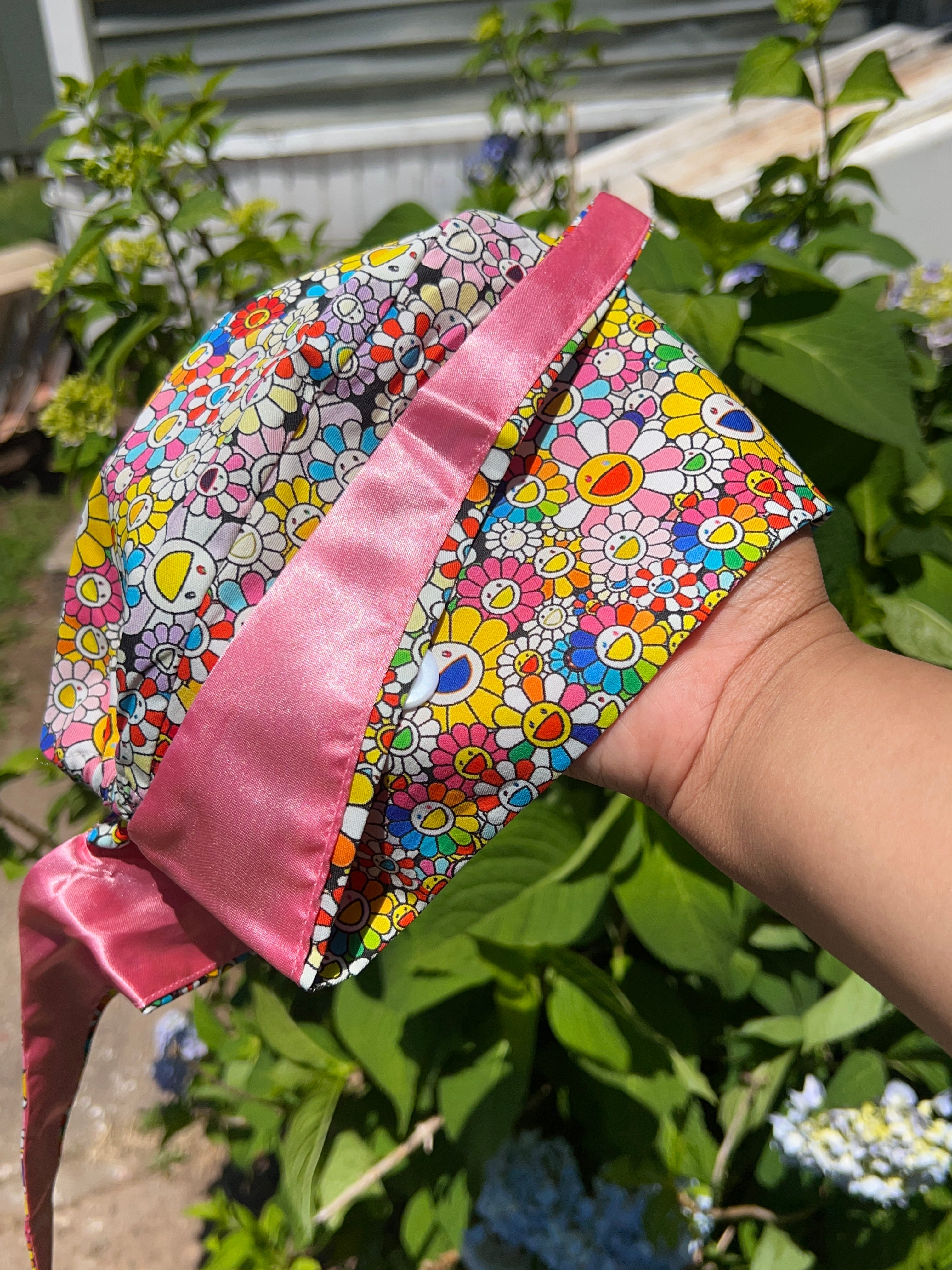 Smiley Flower Scrub Cap | Colorful Floral Print with Button & Tie