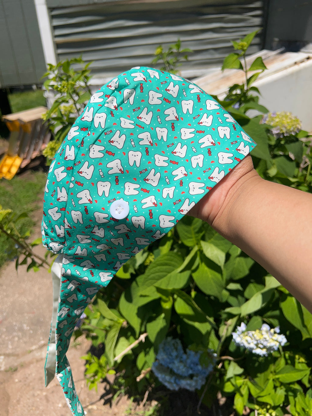Kawaii Tooth & Candy Scrub Cap | Dental Print with Button & Tie