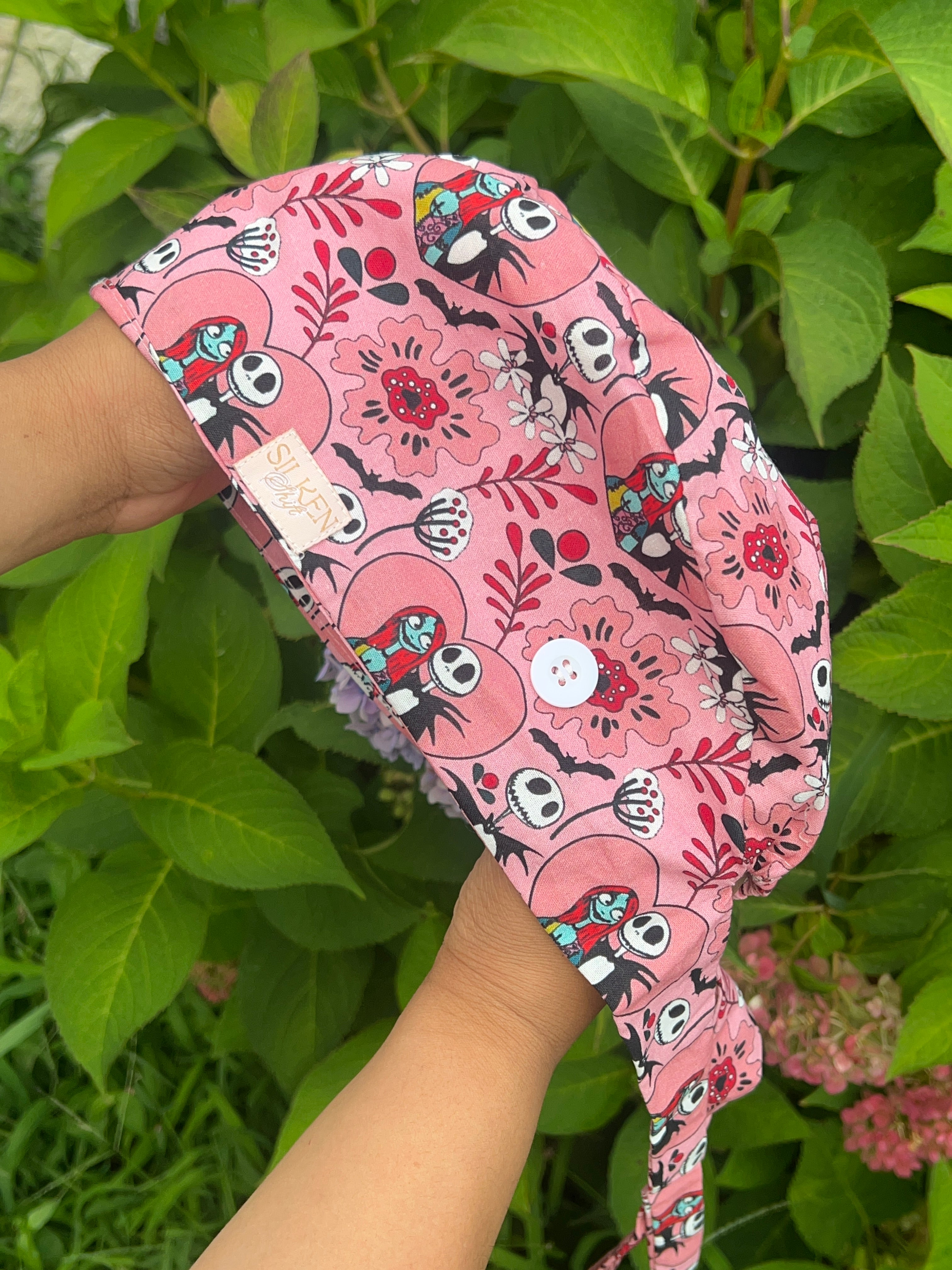 Pink Jack and Sally Scrub Cap – Nightmare Floral Print