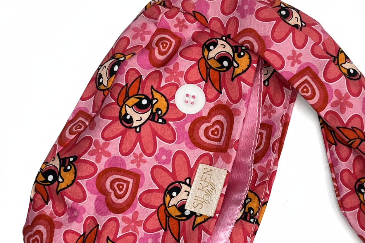 Powerpuff Girls scrub cap close-up showing SilkenShift Co label and button loop detail