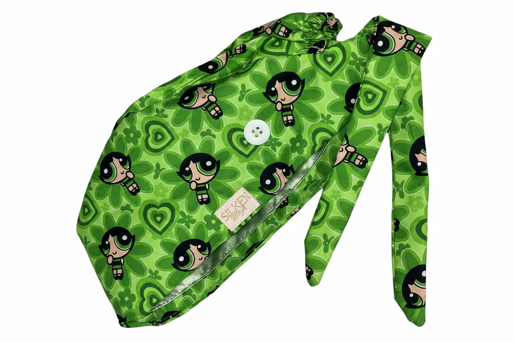 Buttercup Powerpuff Girls scrub cap angled view showing tie-back and full print