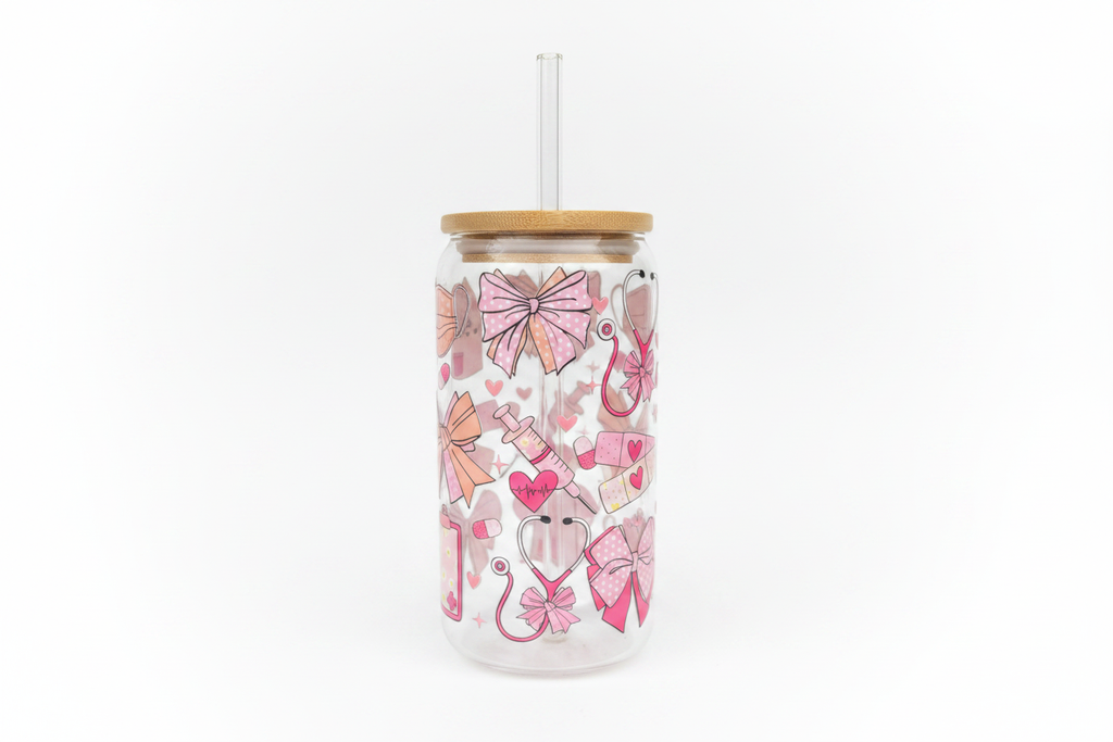 Nurse-Themed Glass Cup on White Background