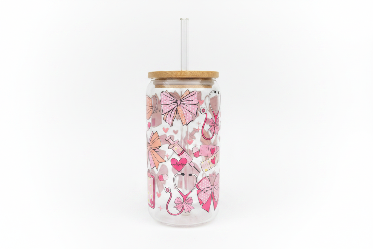 Nurse-Themed Glass Cup on White Background