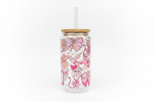 Nurse-Themed Glass Cup on White Background