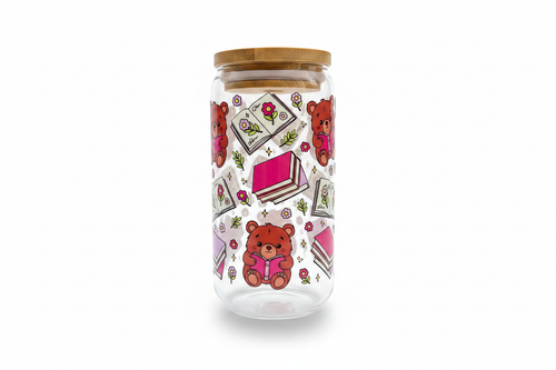 Reading Bears Glass Cup on White Background