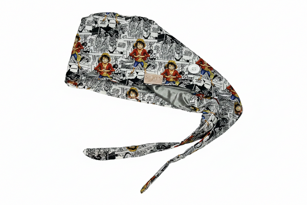 Luffy Inspired  Scrub Cap – Satin-Lined Tie-Back with Button Loop