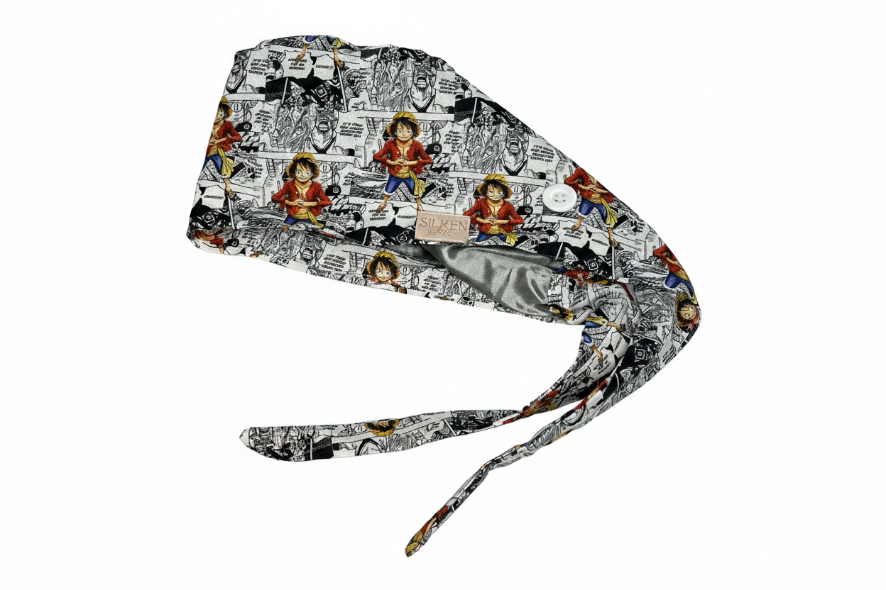 Luffy Inspired  Scrub Cap – Satin-Lined Tie-Back with Button Loop